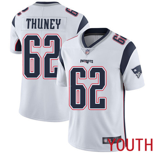 New England Patriots Football #62 Vapor Untouchable Limited White Youth Joe Thuney Road NFL Jersey